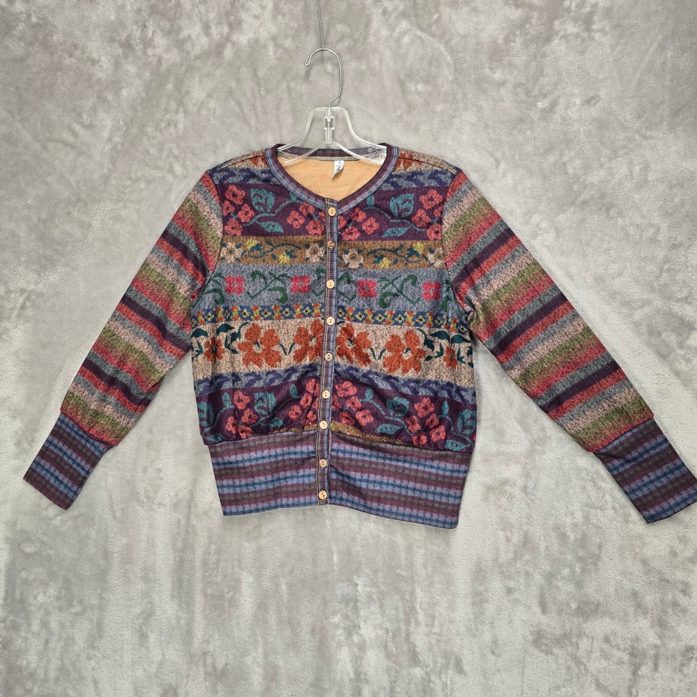 Cottagecore Cardigan Women Small Multicolor Floral Striped Button Front Boho